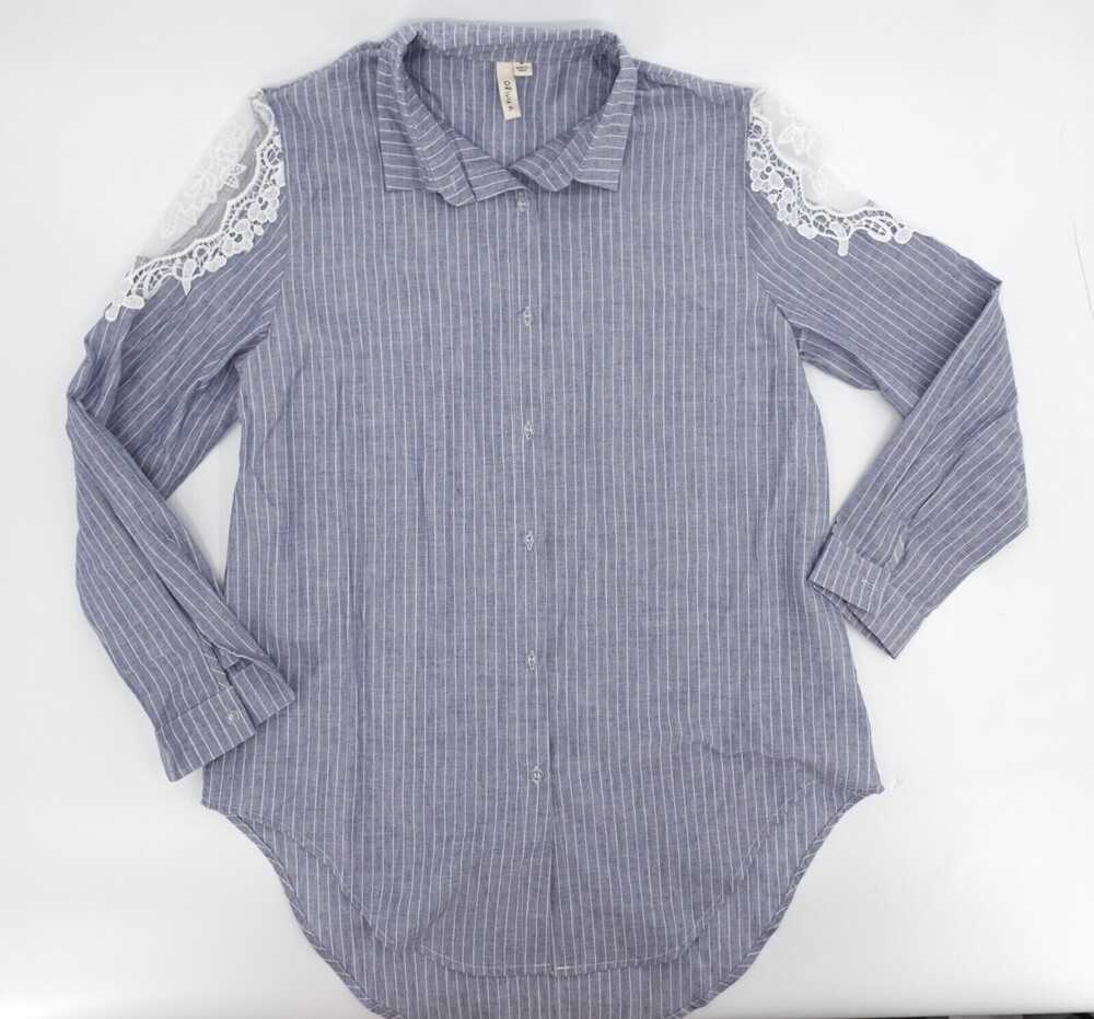 Olivia K Shirt Womens Medium Blue Pinstripe Button up Long Sleeve Lace Roll Tab